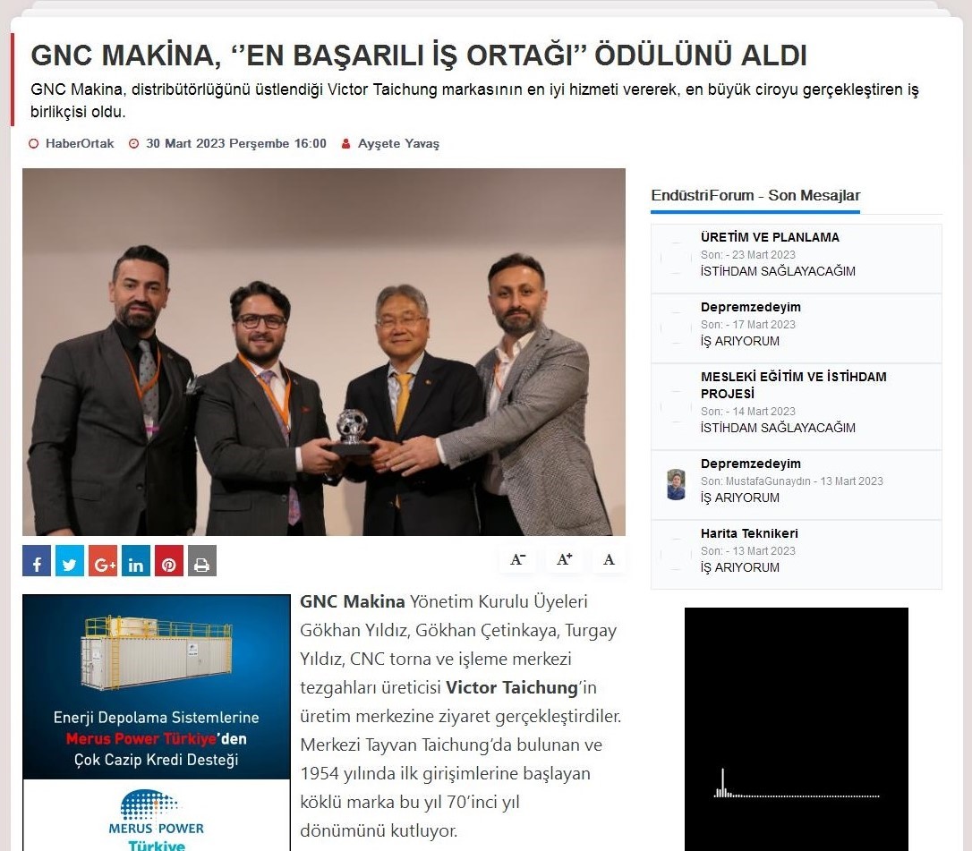 GNC Makina En Başarılı İş Ortağı Ödülünü Aldı