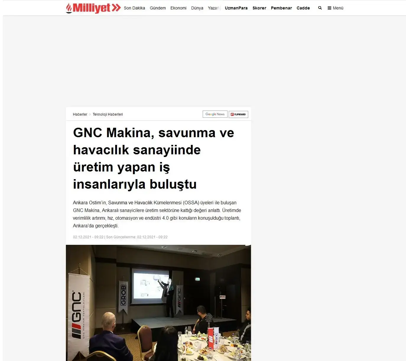 GNC Makina, Savunma ve Havacılık Sanayiinde Üretim Yapan İş İnsanlarıyla Buluştu (Milliyet Gazetesi)